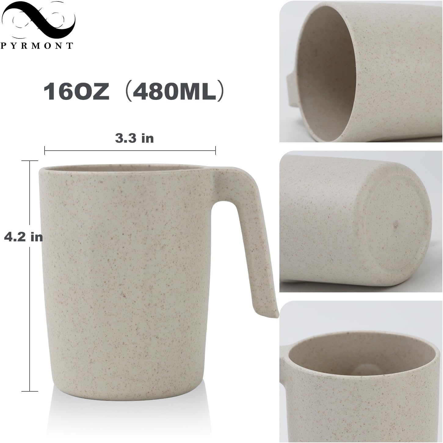 PYRMONT Juego de 6 tazas de paja de trigo, tazas de café de plástico reutilizables, tazas de té con asas, juego de tazas de 16 onzas para café,