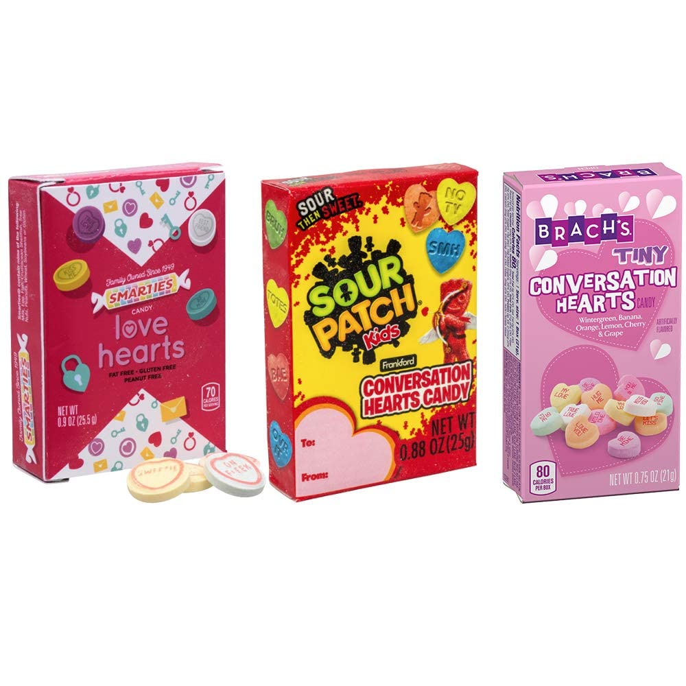 Paquete de dulces variados para el día de San Valentín  4 corazones de amor Smarties  4 caramelos de conversación de parche agrio  10 pequeños