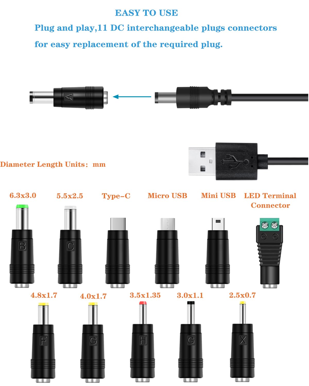 Cable de alimentación USB a CC de 5 V, cable de carga universal DC de 0.217 x 0.083 in con 11 puntas de conector intercambiables (7 puntas de CC, 3