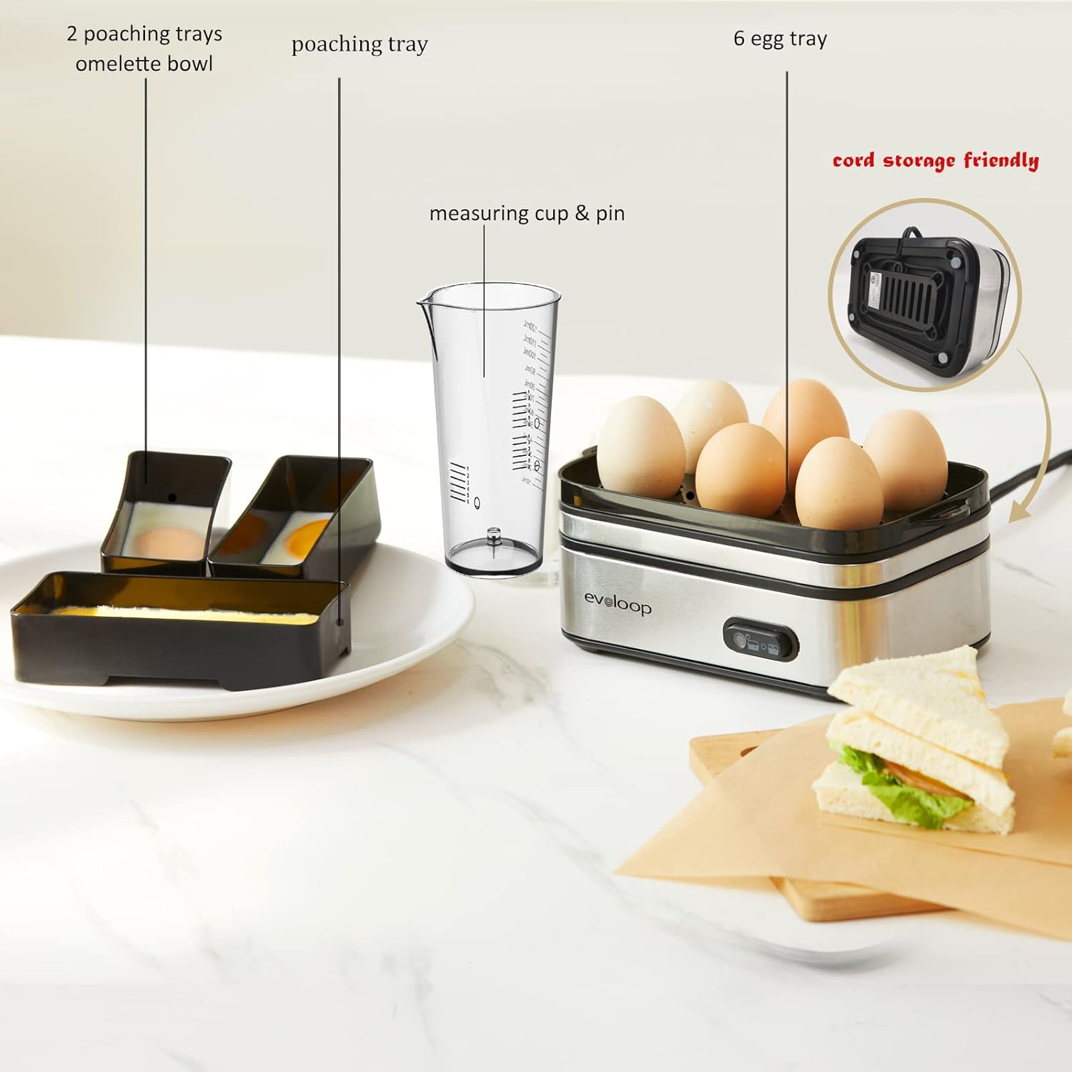Rapid Egg Cooker eléctrico 6 huevos con hervidores eléctricos Evoloop 1.7L