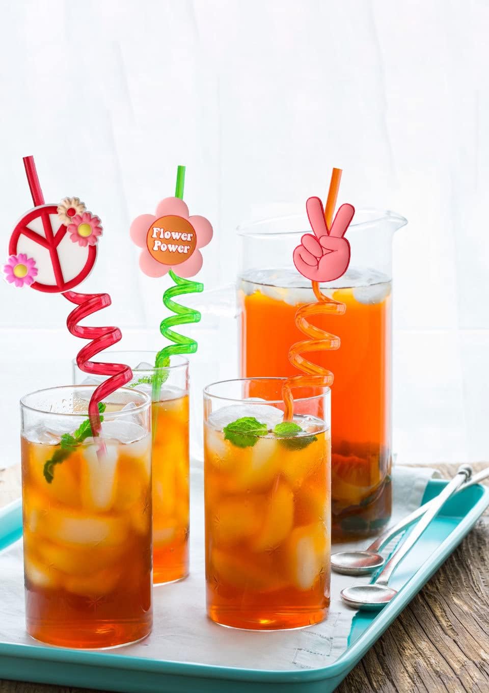 60’s Hippie Boho Party Favors Two Groovy Straws Reusable Plastic Drinking Straws 8 Designs 24pcs, Boho Rainbow Birthday Party Favor Kids with 2