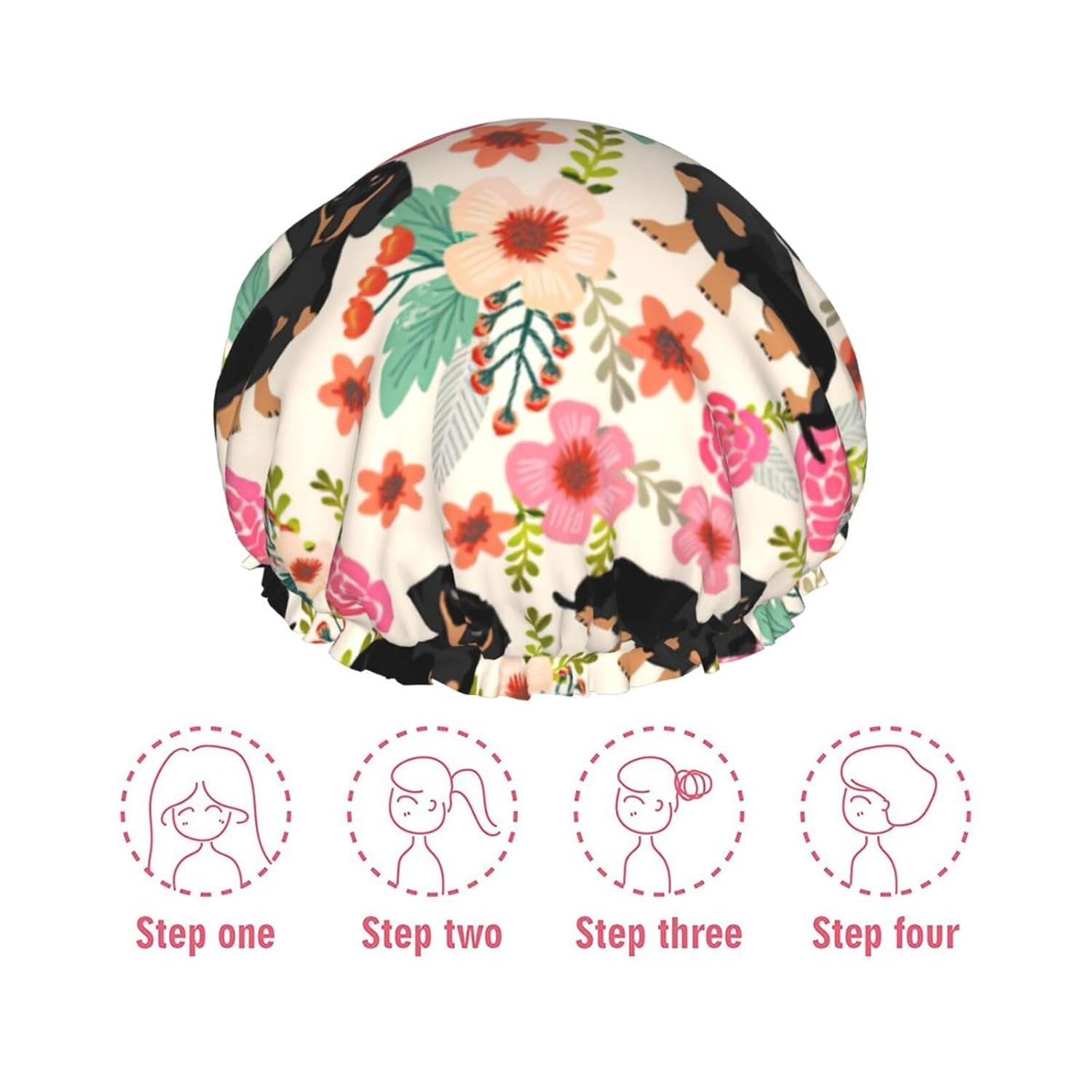 Gorro de ducha floral para mujer, elástico y reutilizable, doble capa impermeable