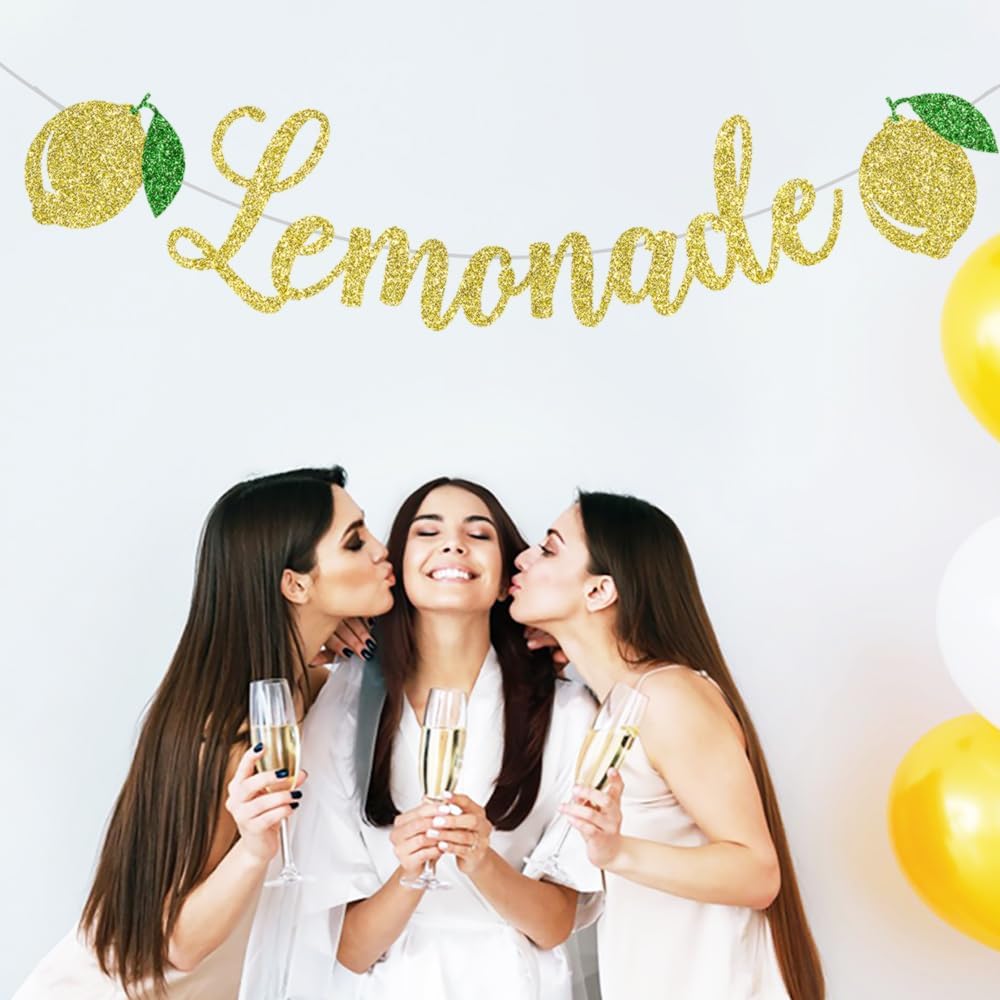 Cartel de limonada, decoración de soporte de limonada dorada con purpurina, guirnalda temática de limón, suministros para fiesta de cumpleaños de