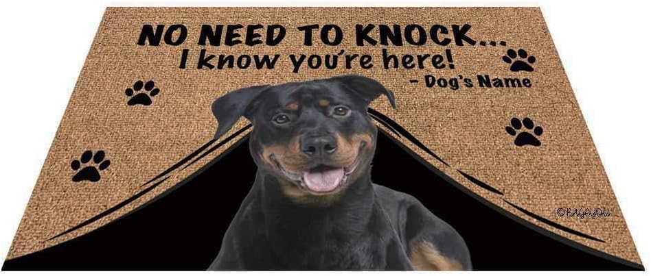 BAGEYOU Felpudo personalizado con nombre de perro para exteriores con My Love Dog Rottweiler Welcome Floor Mat Not Need to Knock I Know You’re Here