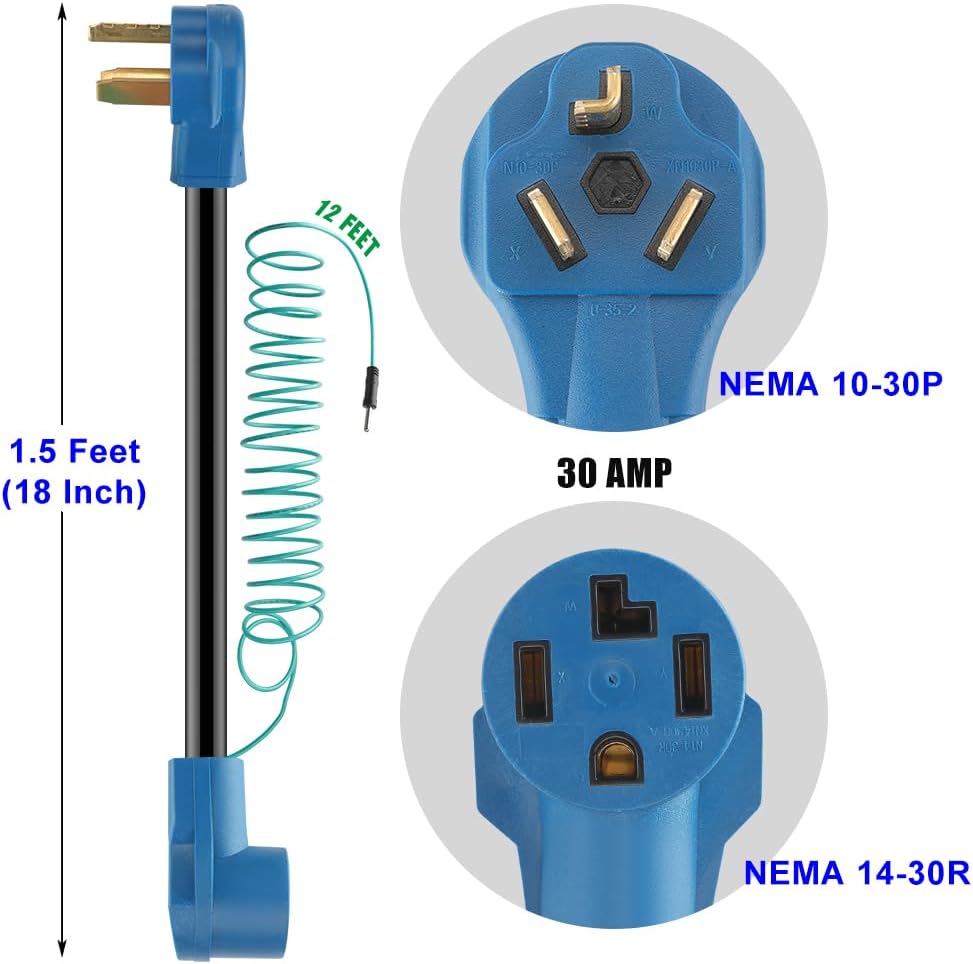 Cable adaptador de secadora 10-30P macho a 14-30R hembra con cable de tierra de 12 pies, convierte el enchufe de secadora de 4 clavijas a una salida