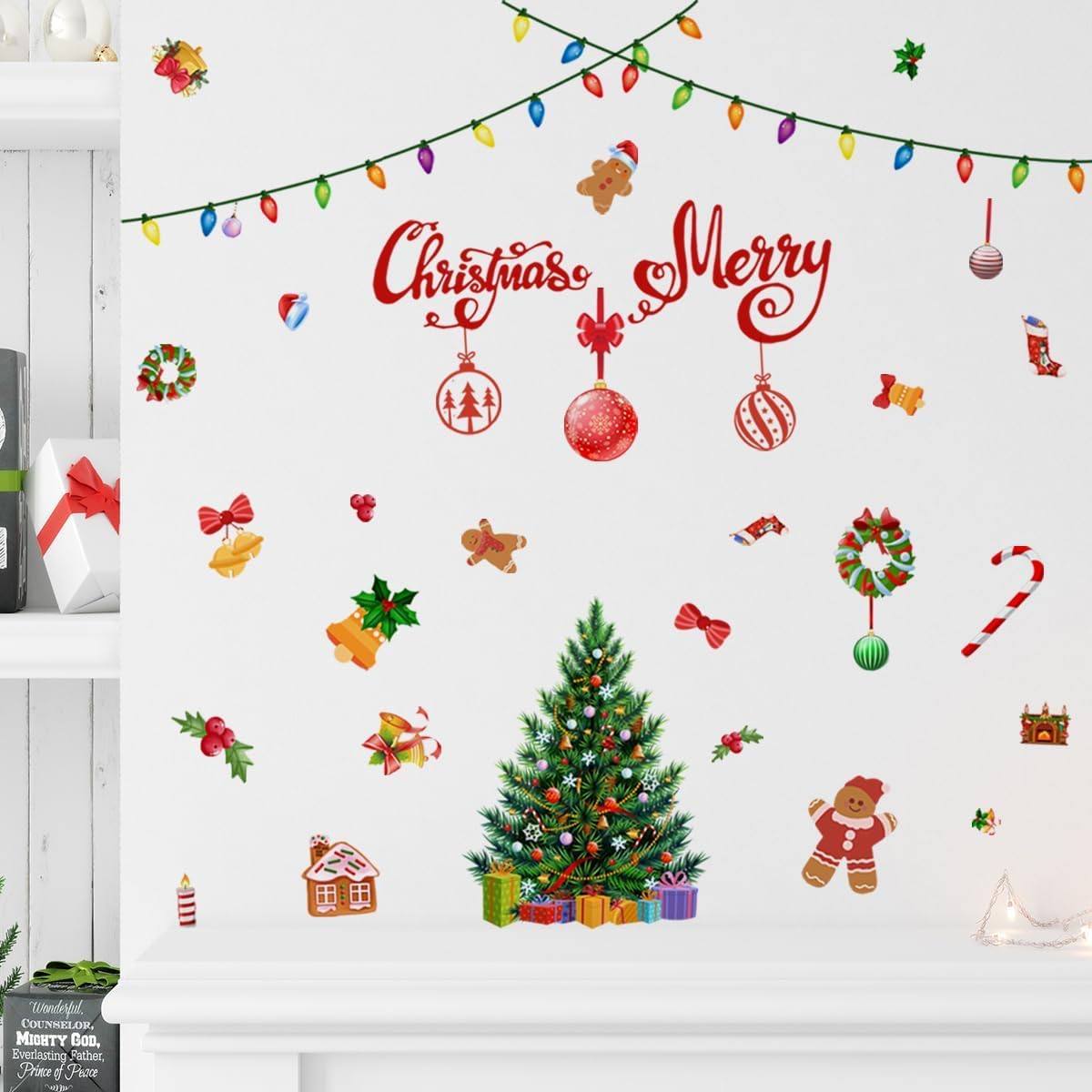 47.24 x 47.24 pulgadas, calcomanía de pared de Feliz Navidad, árbol de Navidad, bola de luz de globo, calcomanías de pared extraíbles para