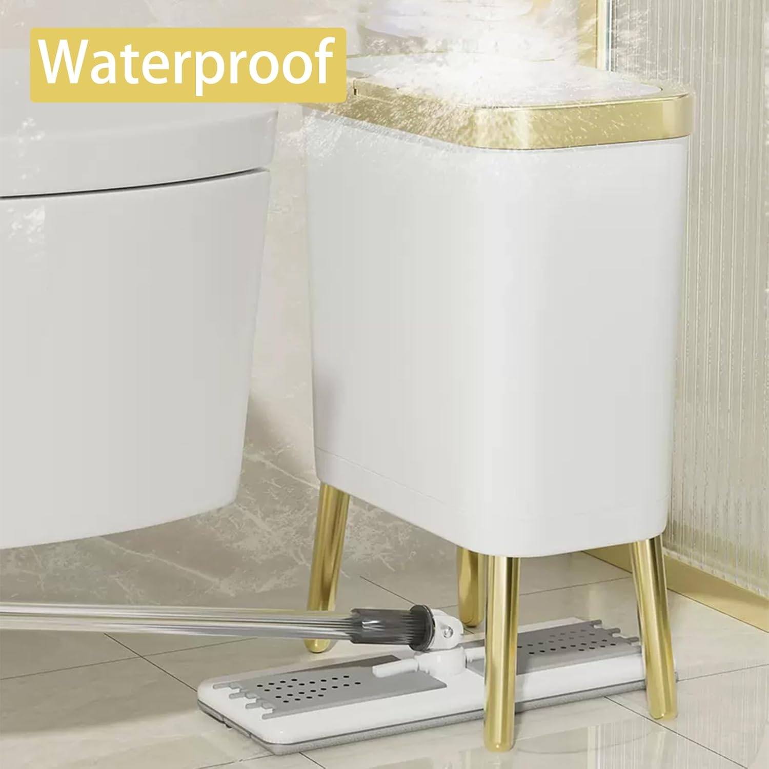 URALFA Basurero de baño con tapa, cubo de basura de cocina de 4 galones con borde dorado estrecho con patas, cesta de basura de plástico para baño,