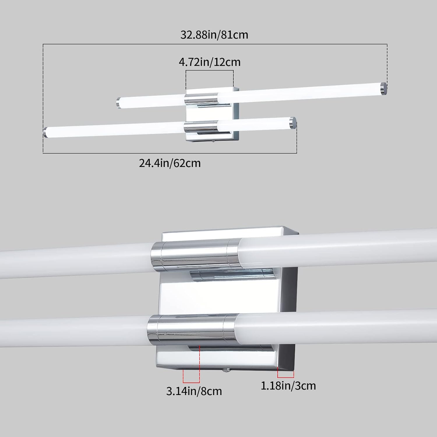 Moderna lámpara LED para tocador de baño, 6000 K, 32.88 pulgadas, cromada, para colocar sobre el espejo, lámpara de tocador de pared, moderna