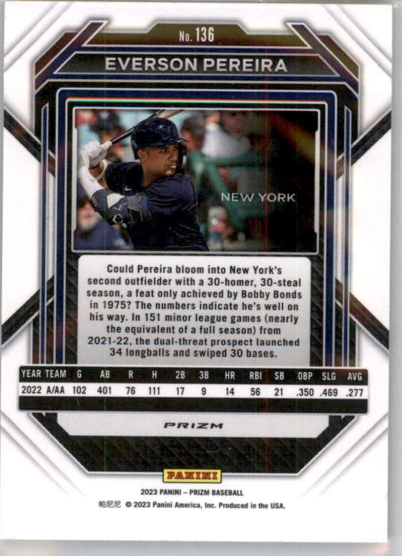 2023 Panini Prizm Silver PRIZMS #136 Everson Pereira New York Yankees Baseball Card in Raw (NM or Better) Condition