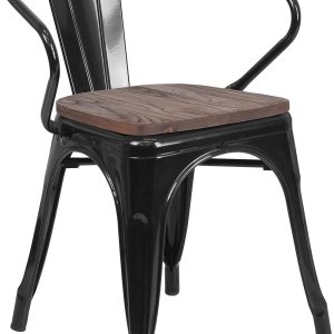 Flash Furniture Silla de metal negro con asiento y brazos de madera Flash Furniture Silla de metal negro con asiento y brazos de madera