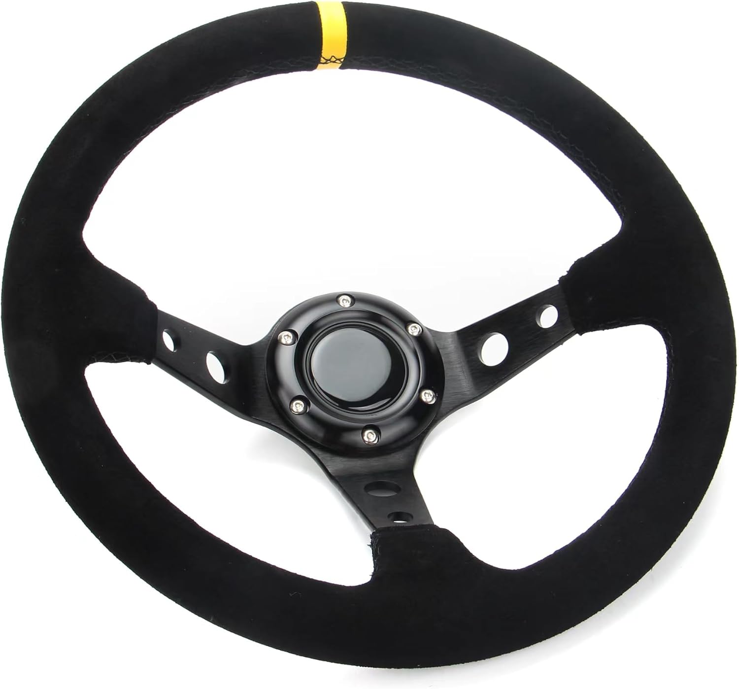 Volante de carreras de rayas amarillas Cuero de gamuza 12.5 “12.598 in Radios de aluminio Drifting Deep Dish Volante deportivo con botón de cuerno
