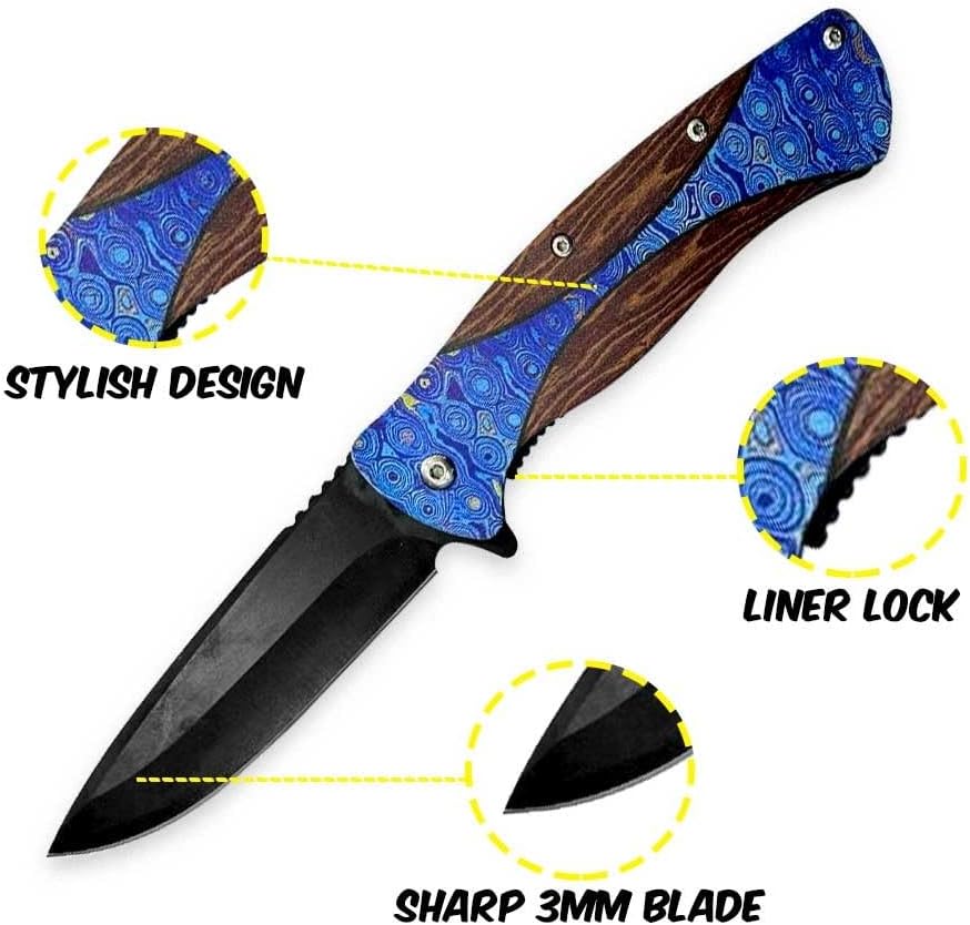 D9 Tactical Cuchillo de bolsillo plegable, cuchillo asistido por resorte con bloqueo de forro y agujero para cordón, mango impreso EDC cuchillo para