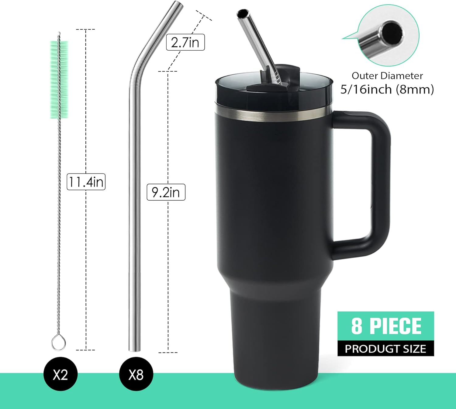 8 popotes de acero inoxidable doblados de 516 pulgadas de ancho para vaso de 40 onzas con asa, popotes de metal reutilizables de 12 pulgadas de