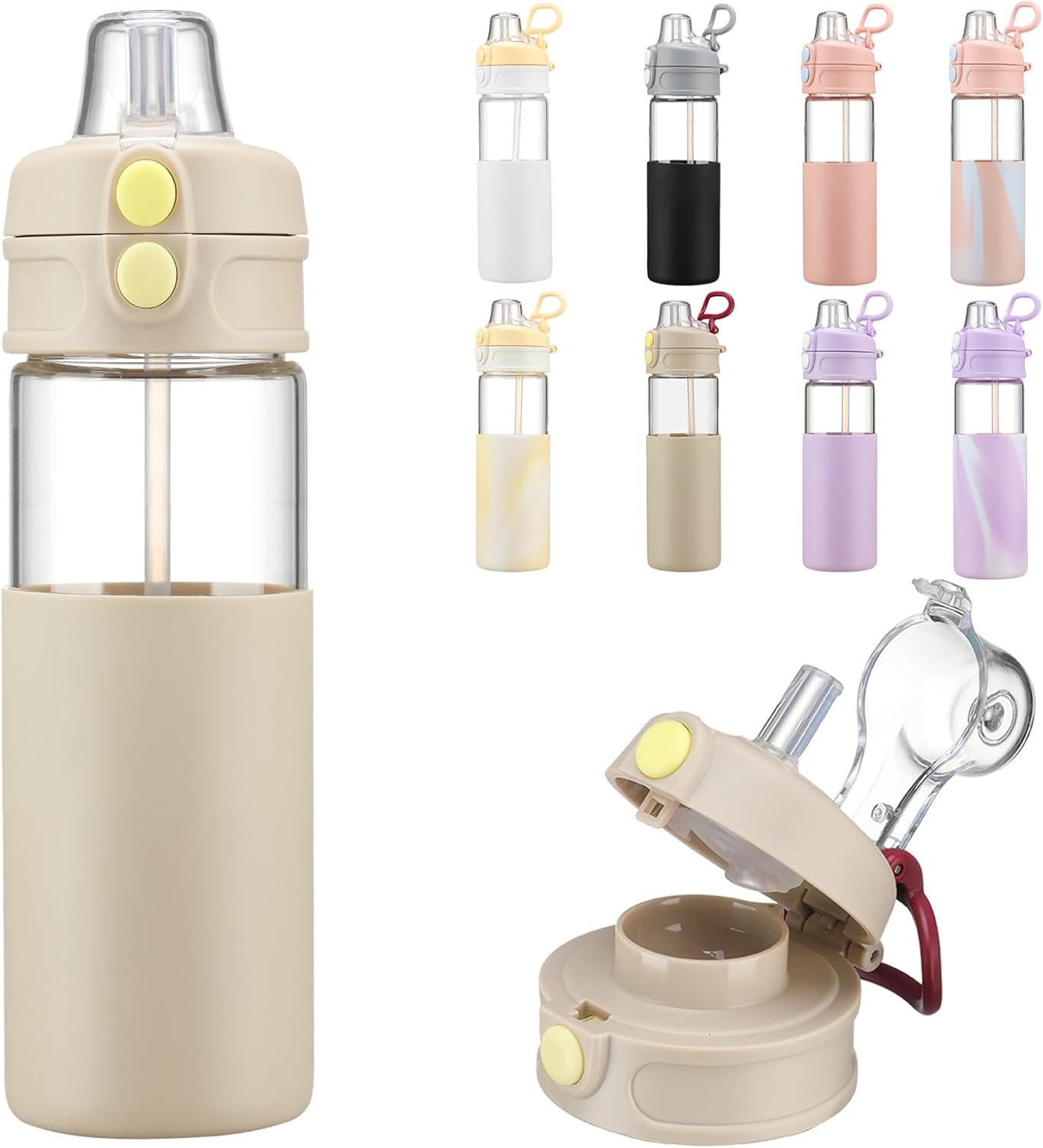 chunmo Botella de agua de vidrio de 24 onzas con tapa de popote y boquilla, botellas de agua reutilizables para mujeres, boca ancha, sin BPA,