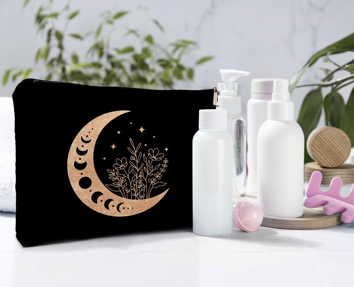 Dwept Bolsa de maquillaje bohemio floral celestial con fase lunar, luna creciente mística, de lino, bolsa de aseo de viaje, bolsa de cosméticos de