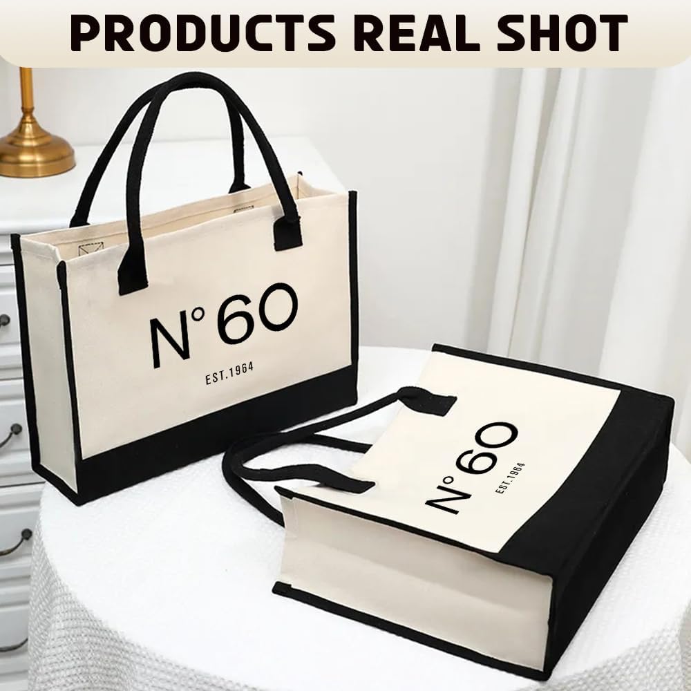 QLSKO Bolsa de lona de regalo de cumpleaños número 60 para mujeres, N60 EST.1964, bolsa de playa de recuerdo para fiesta de 60 años, regalo de