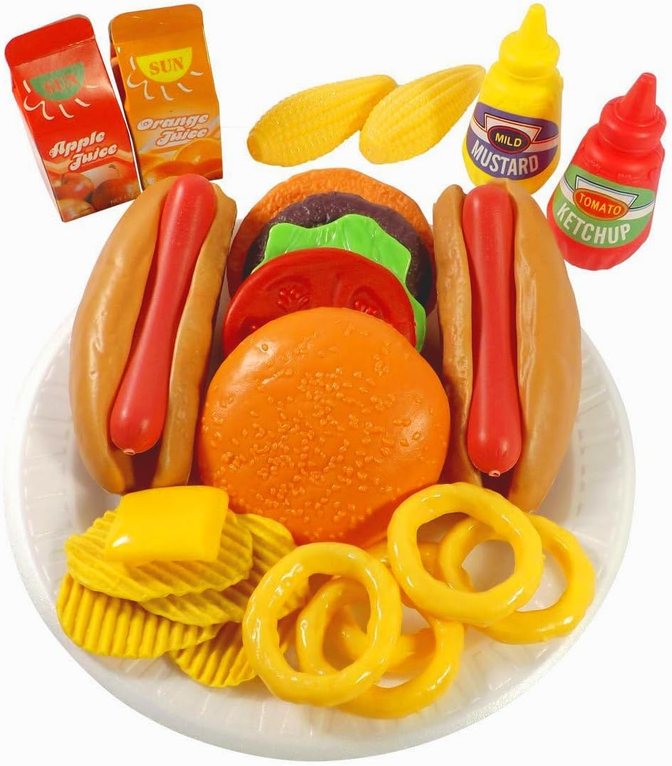 Set de juego de simulación de comida rápida  Incluye hamburguesa, hot dog, papas fritas, anillos de cebolla, maíz y más accesorios  Juego de cocina