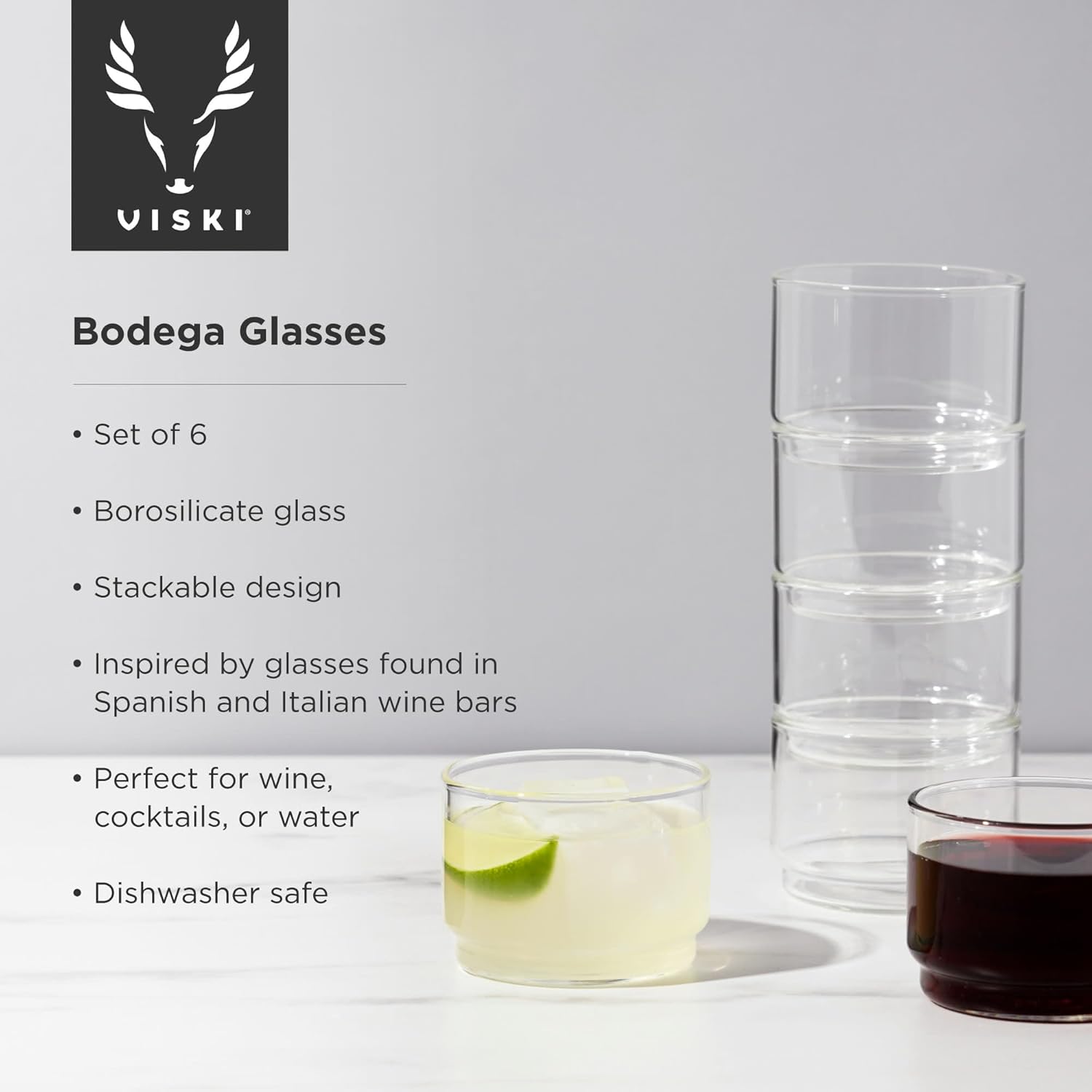 Viski Bodega – Juego de vasos apilables, cristalería moderna para vino y cócteles, 7 onzas, juego de 6, transparente
