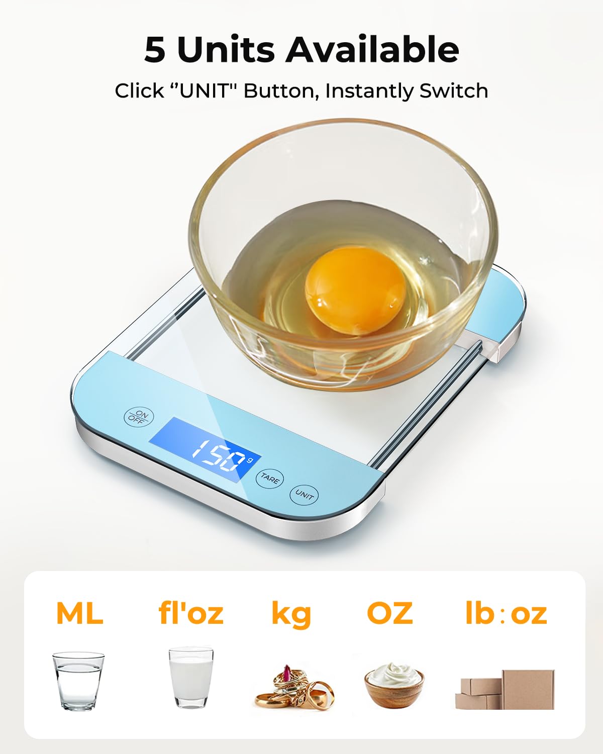 AZC Báscula digital recargable de alimentos gramos y onzas, máximo 33 libras mínimo 0.18 oz, panel de vidrio templado totalmente impermeable, diseño