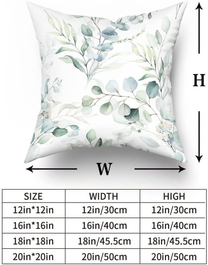 Juego de 2 fundas de almohada de hojas verdes salvia primaveral de 16 x 16 pulgadas, fundas de cojín de acuarela floral de eucalipto, estampado de