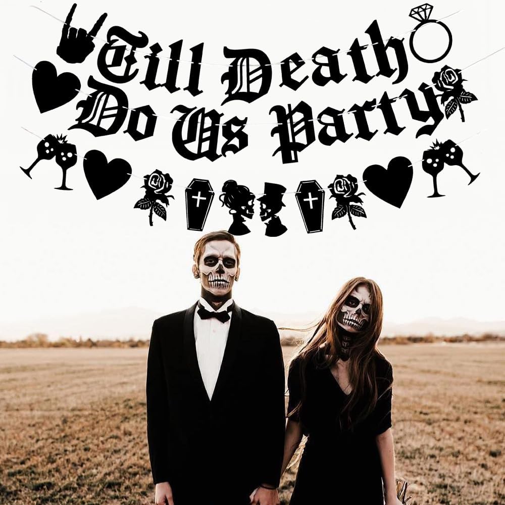 Cartel de fiesta Black Till Death Do Us, cartel de fiesta en inglés antiguo, pancarta de fiesta de boda de Halloween, boda, despedida de soltera,