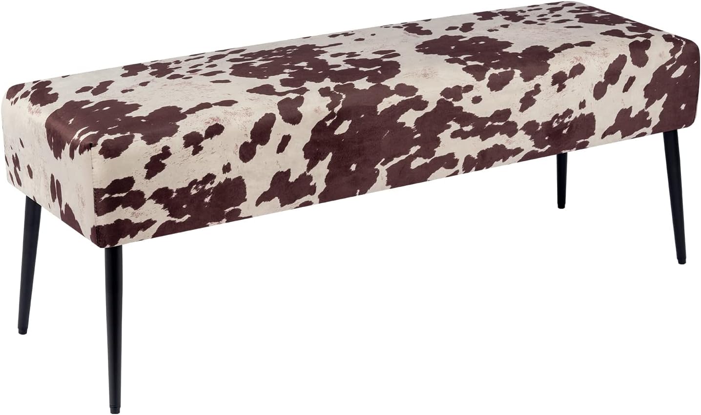 Duhome – Banco otomano de terciopelo, bancos tapizados para dormitorio, banco de cama con estampado de vaca, base de metal negro para entrada,