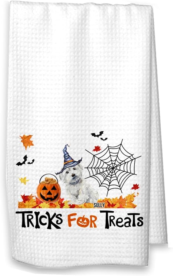 Studio 9Thirty3 Tricks for Treats Maltese Halloween Kitchen Waffle Towel Maltese Fall Decor (White Towel, Maltese with Name)