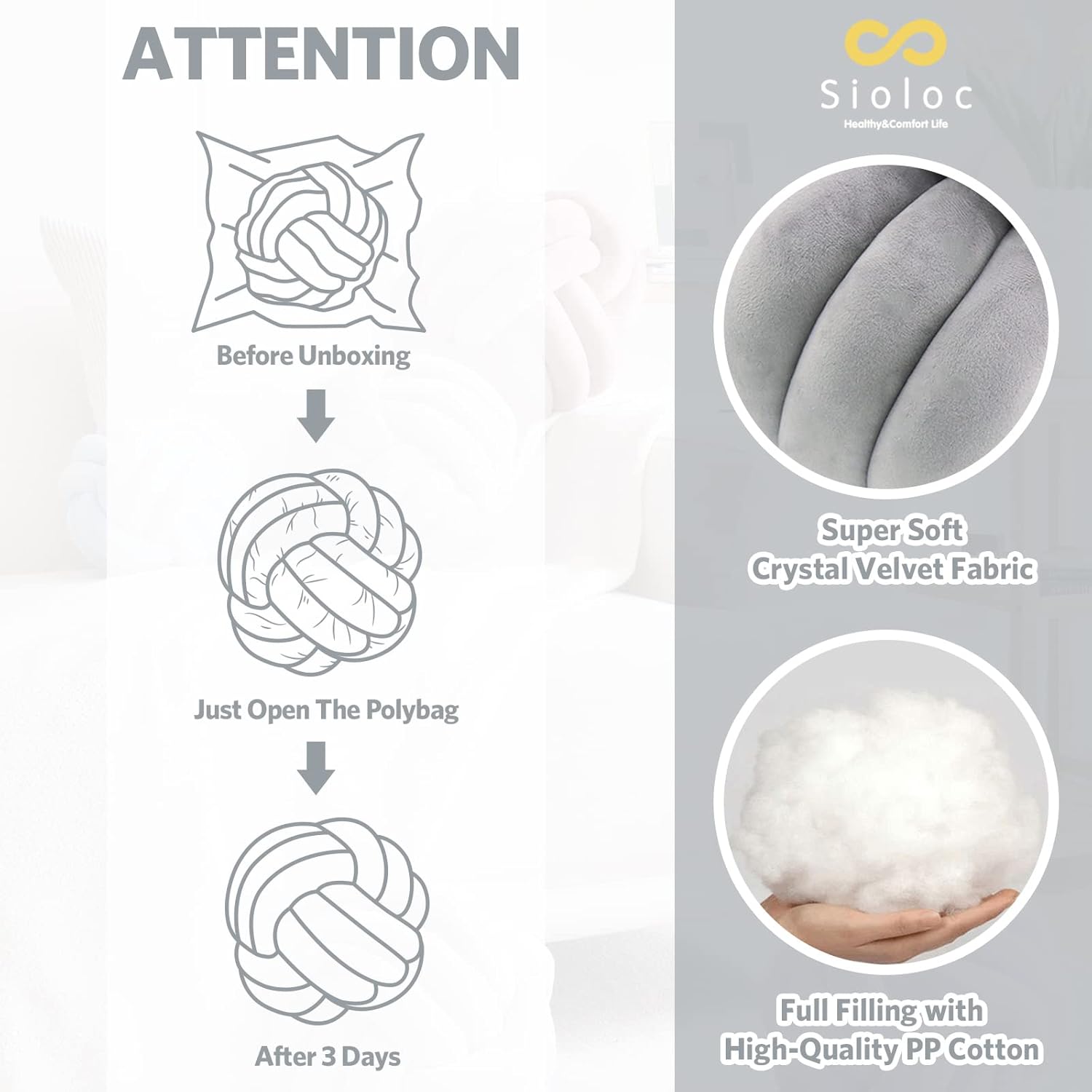 Sioloc – Almohadas de nudo suave, cojín redondo para decoración del hogar, almohada de bola anudada hecha a mano (7.8 pulgadas, color gris)