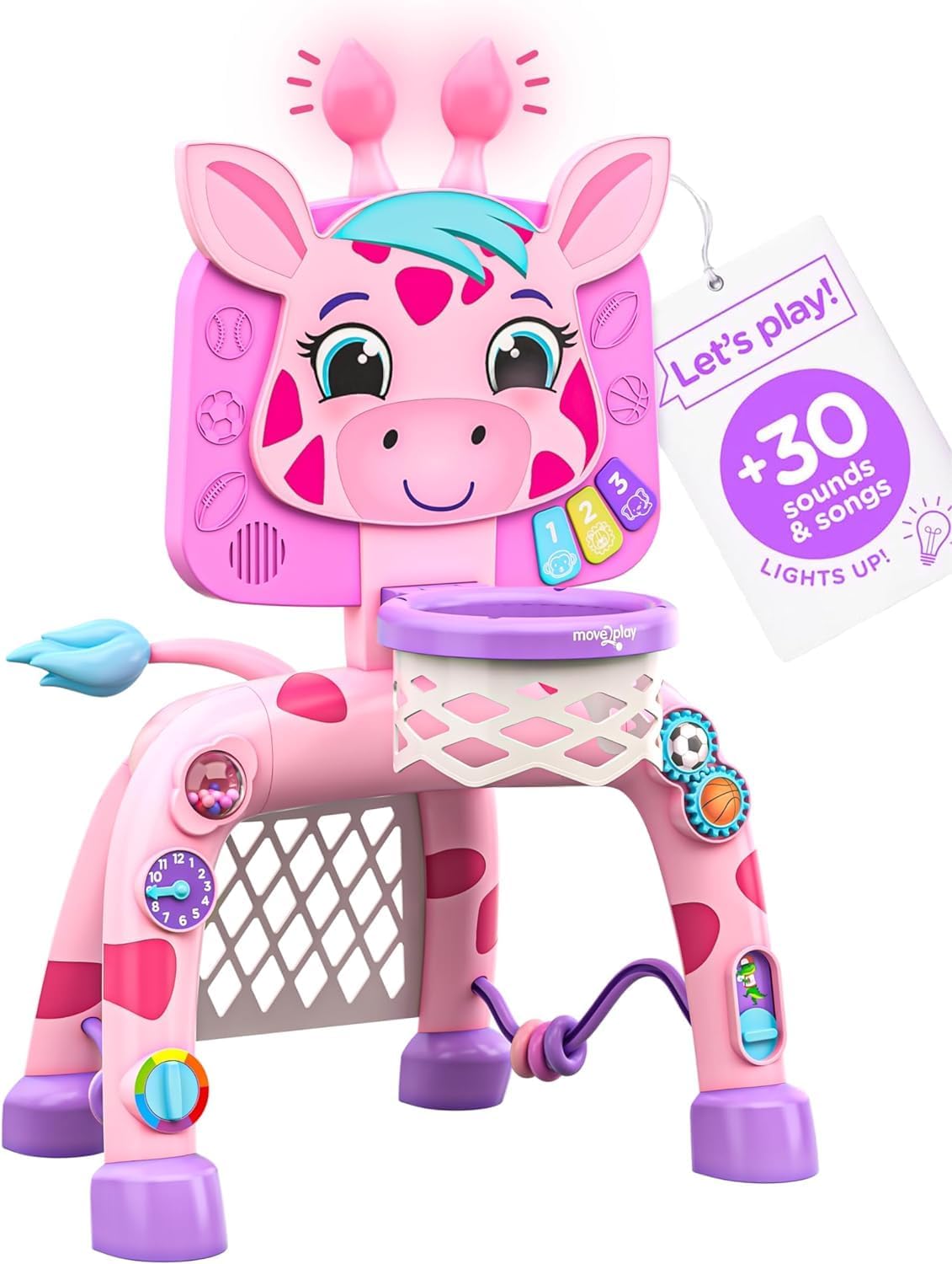 Move2Play, Giraffe Basketball Hoop & Soccer Goal Activity Center  30+ Sounds & Songs + 5 Lights  1 2 3 Year Old Birthday Gift for Boys and Girls