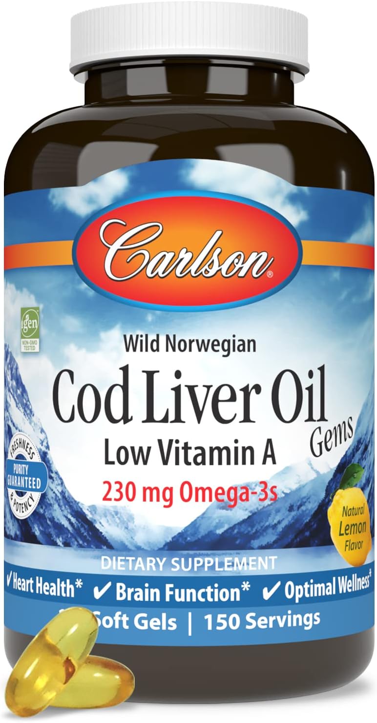 Carlson – Gemas de aceite de hígado de bacalao, baja vitamina A, 230 mg de omega-3, noruego, capturado en la naturaleza, de origen sostenible, 150