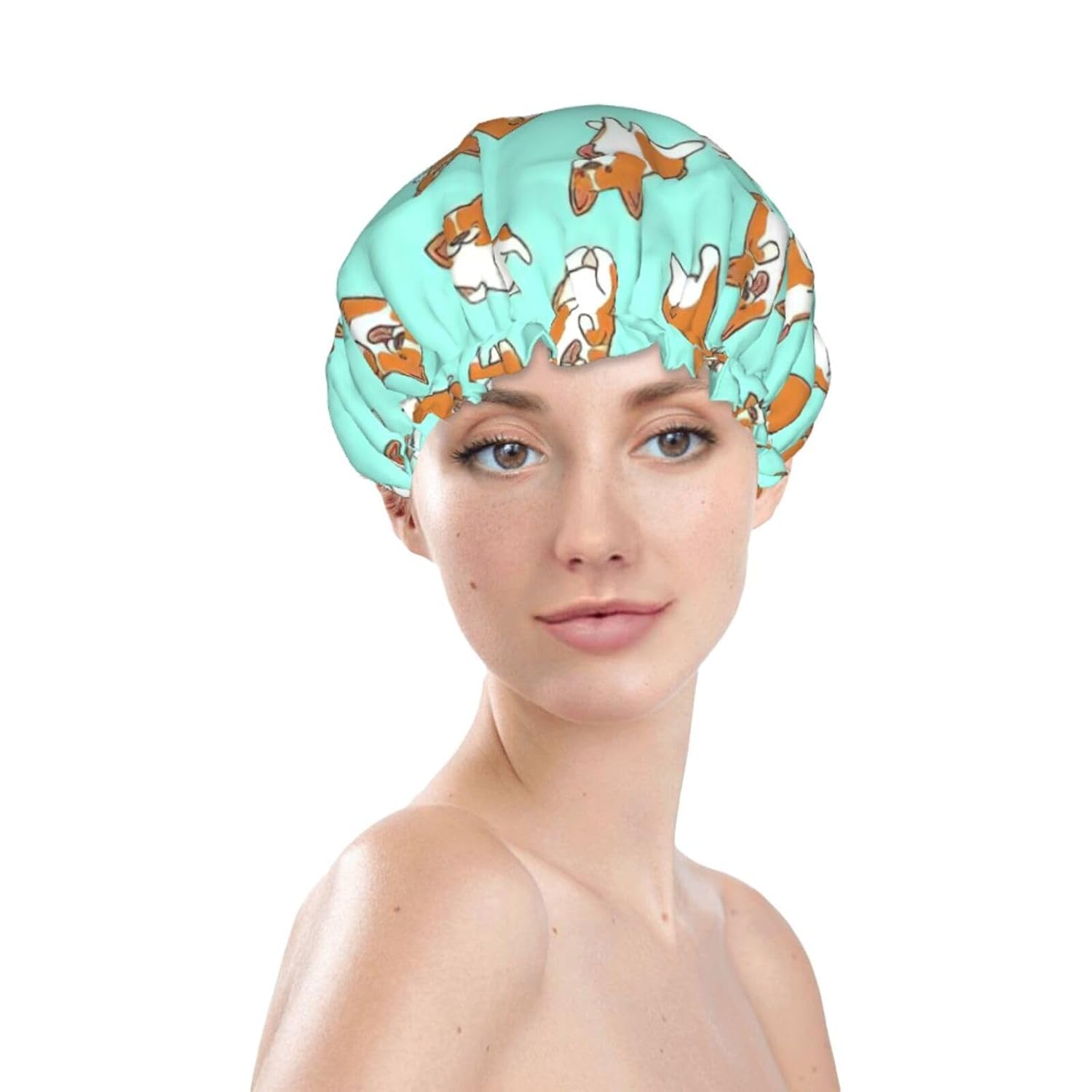 Corgi – Gorro de ducha impermeable de doble capa con estampado de perro, adecuado para todas las longitudes de cabello (10.6 x 4.3 pulgadas)