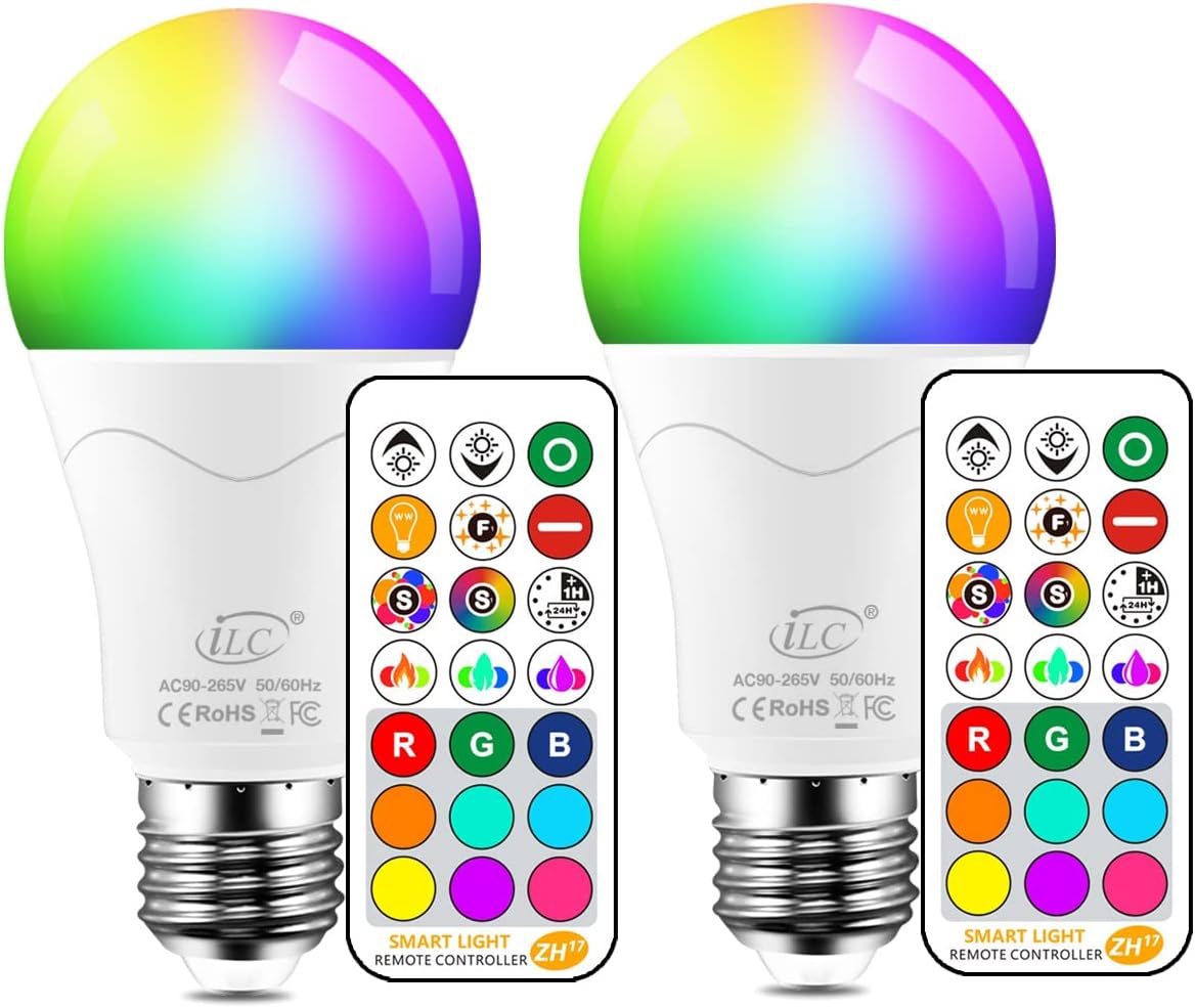 ILC Bombilla LED equivalente a 85 W, bombillas de luz diurna de 5700 K que cambian de color blanco con control remoto RGB 6 modos, temporizador,