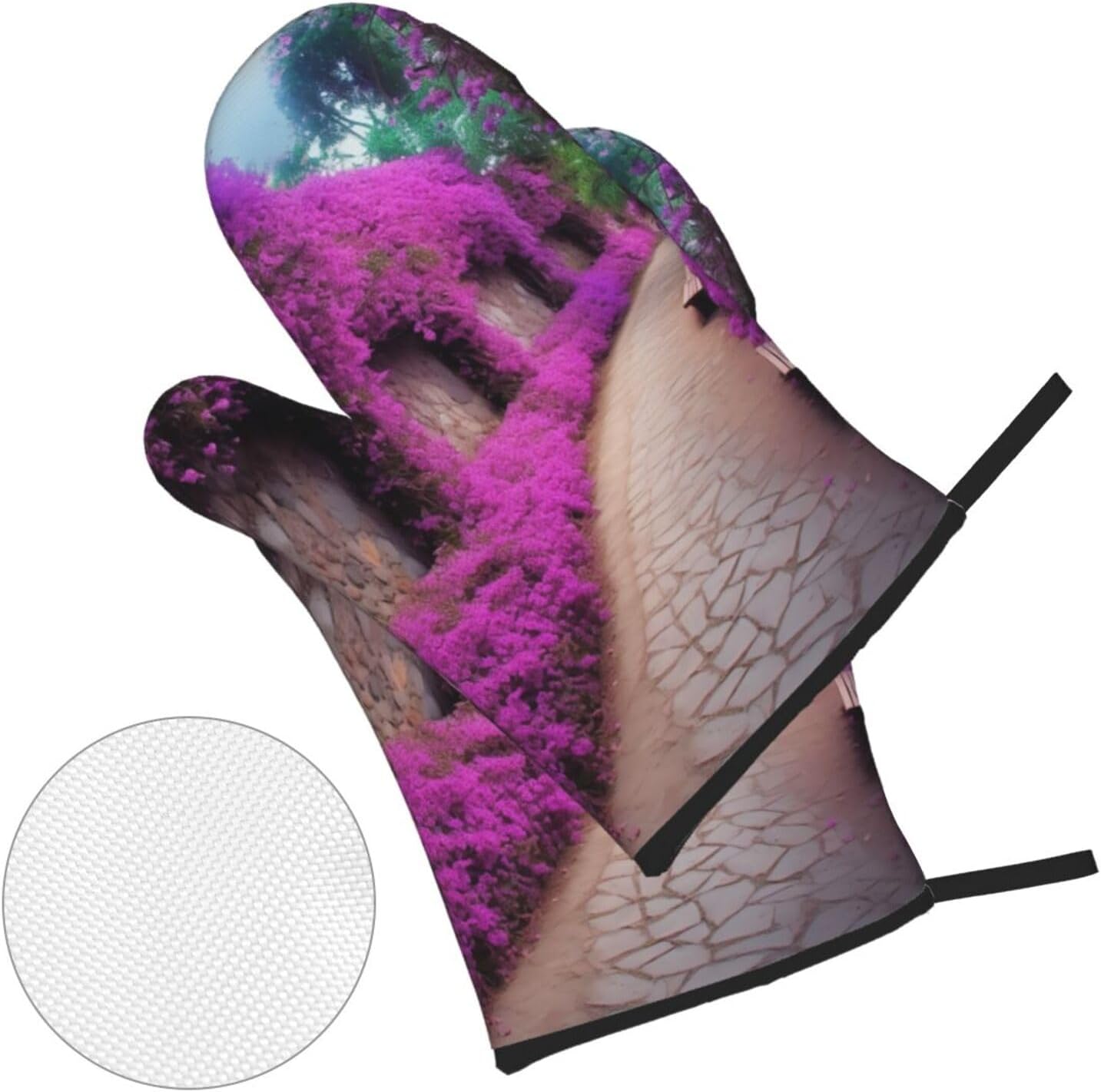 Purple Floral Blooming Path Print Oven Mitts and Pot Holders Heat Resistant Oven Gloves and Hot Pads Gloves Set for Baking