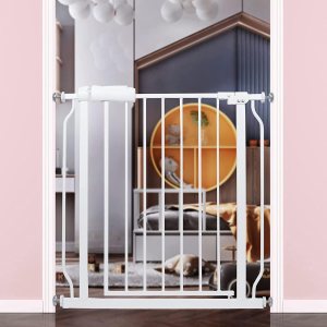 Puerta estrecha para bebés, puertas de seguridad para interiores de pequeña tensión, cierre automático, puerta estrecha de metal blanco para perros Puerta estrecha para bebés, puertas de seguridad para interiores de pequeña tensión, cierre automático, puerta estrecha de metal blanco para perros