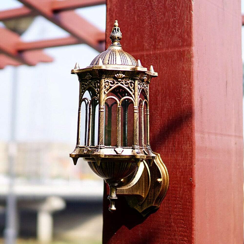 FIKNEE – Lámpara de pared retro vintage E27, lámpara de pared exterior, lámpara de latón antiguo, aplique de vidrio para interiores y exteriores,