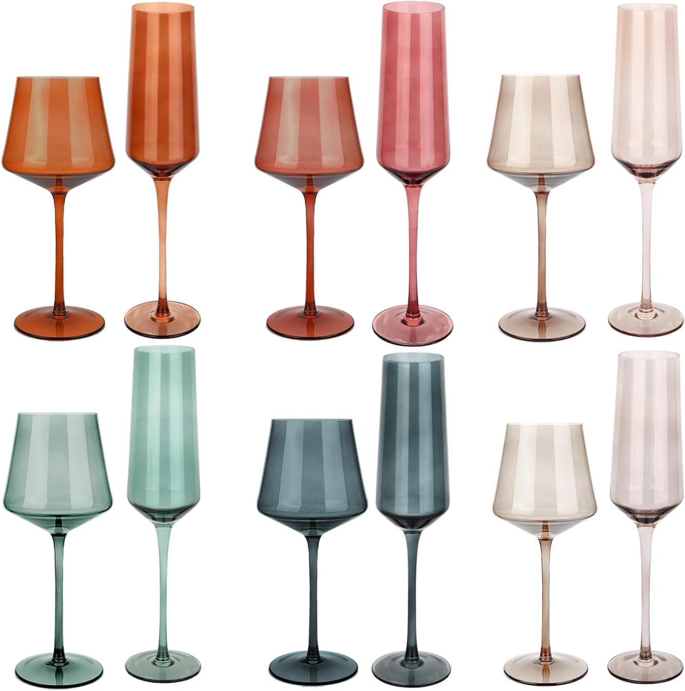 Yaschmo Juego de 6 copas de vino de colores y copas de champán, cristalería de color soplado a mano, moderno y elegante para amigos, familia, boda,
