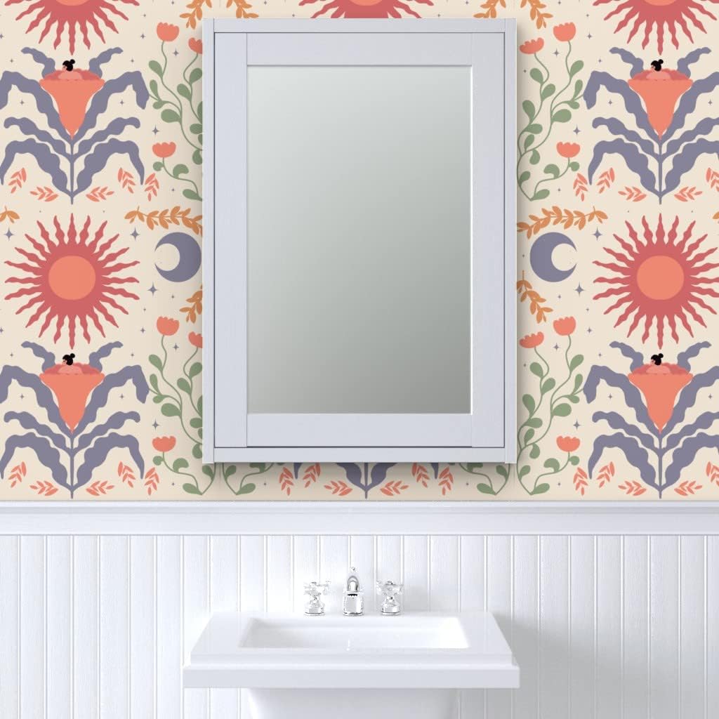 Spoonflower Muestro de papel tapiz extraíble – Estrella moderna abstracta Sol Luna Geométrico Boho Celestial personalizado pre-pegado papel pintado