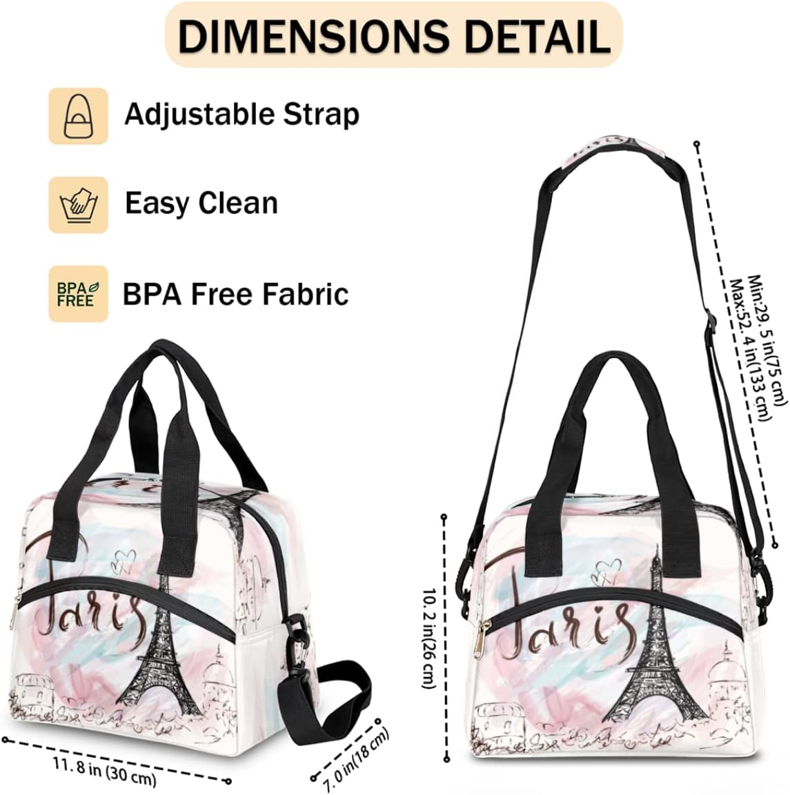 Bolsa de almuerzo con aislamiento térmico de la Torre Eiffel de París, para mujeres, hombres, niñas, niños, romántica bolsa de almuerzo con correa
