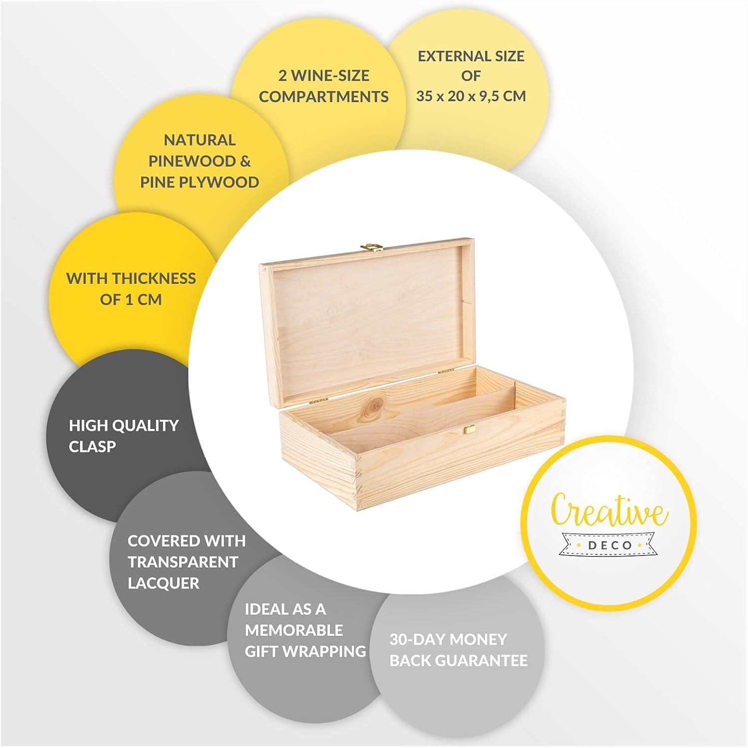 Caja de madera de vino sin pintar para almacenamiento de regalo, 2 botellas, 13.77 x 7.87 x 3.93 pulgadas, soporte de madera natural, caja de lujo