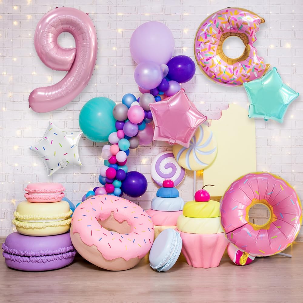 Decoraciones de cumpleaños en forma de dona, 6 globos de Dokuna en forma de dona, decoraciones de 9 cumpleaños para niñas, globos gigantes de