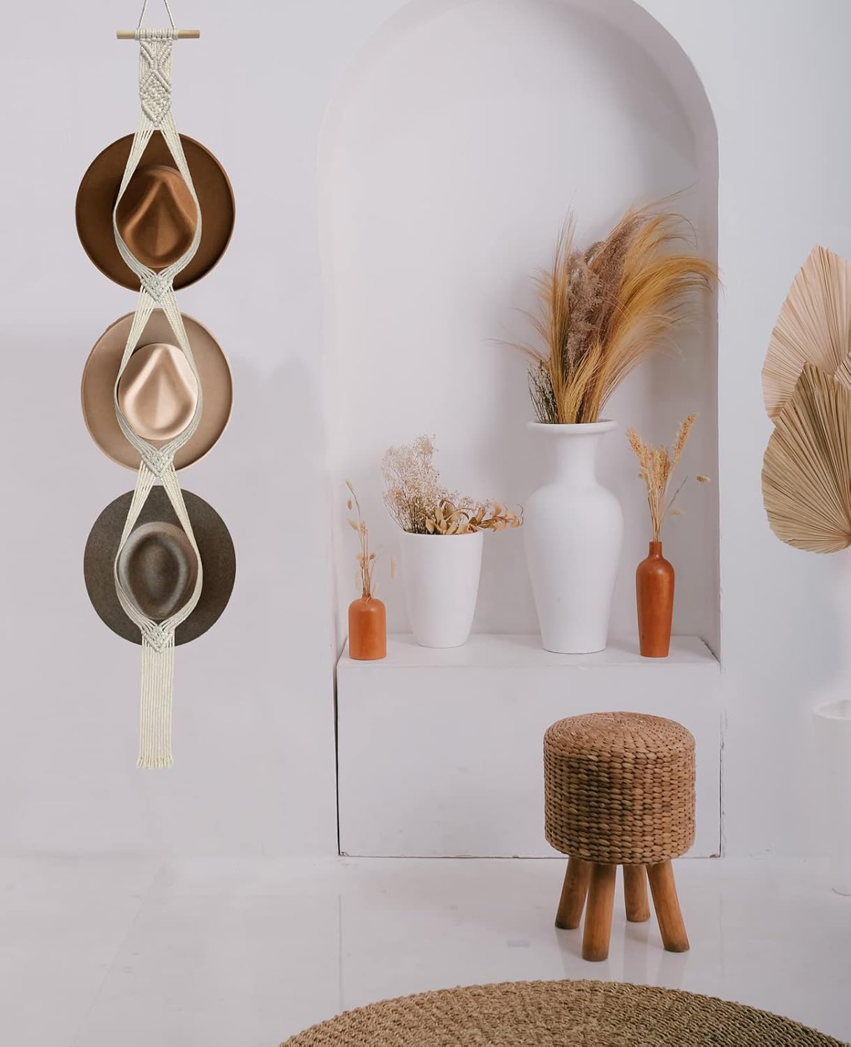 Organizador de sombreros de macramé para pared, colgadores bohemios para colgar en la pared, tejido a mano, organizador decorativo para sombreros de
