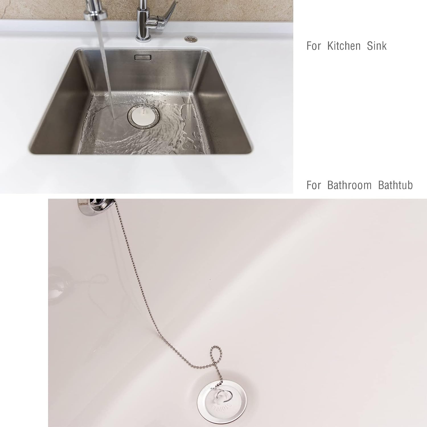 Paquete de 6 tapones de bañera, tapones de goma para tina, 2 cadenas de cuentas de acero inoxidable de 15 pulgadas, 6 tamaños diferentes de enchufe