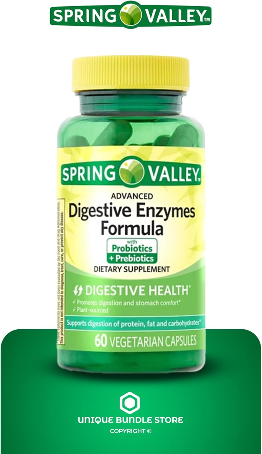 Spring Valley – Enzimas digestivas avanzadas con probióticos y prebióticos, 60 cápsulas + organizador de píldoras de 7 días incluido (paquete de 1)