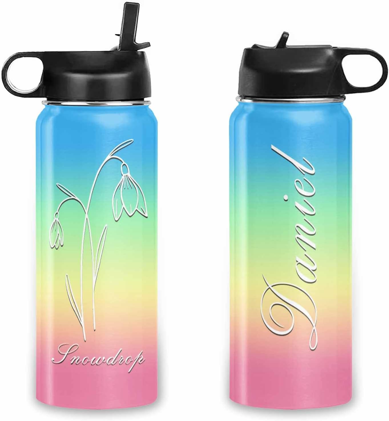 Botellas de agua personalizadas para niños, amigos, mes de nacimiento, flores, nombre personalizado, botella de agua aislada deportiva con pajilla,