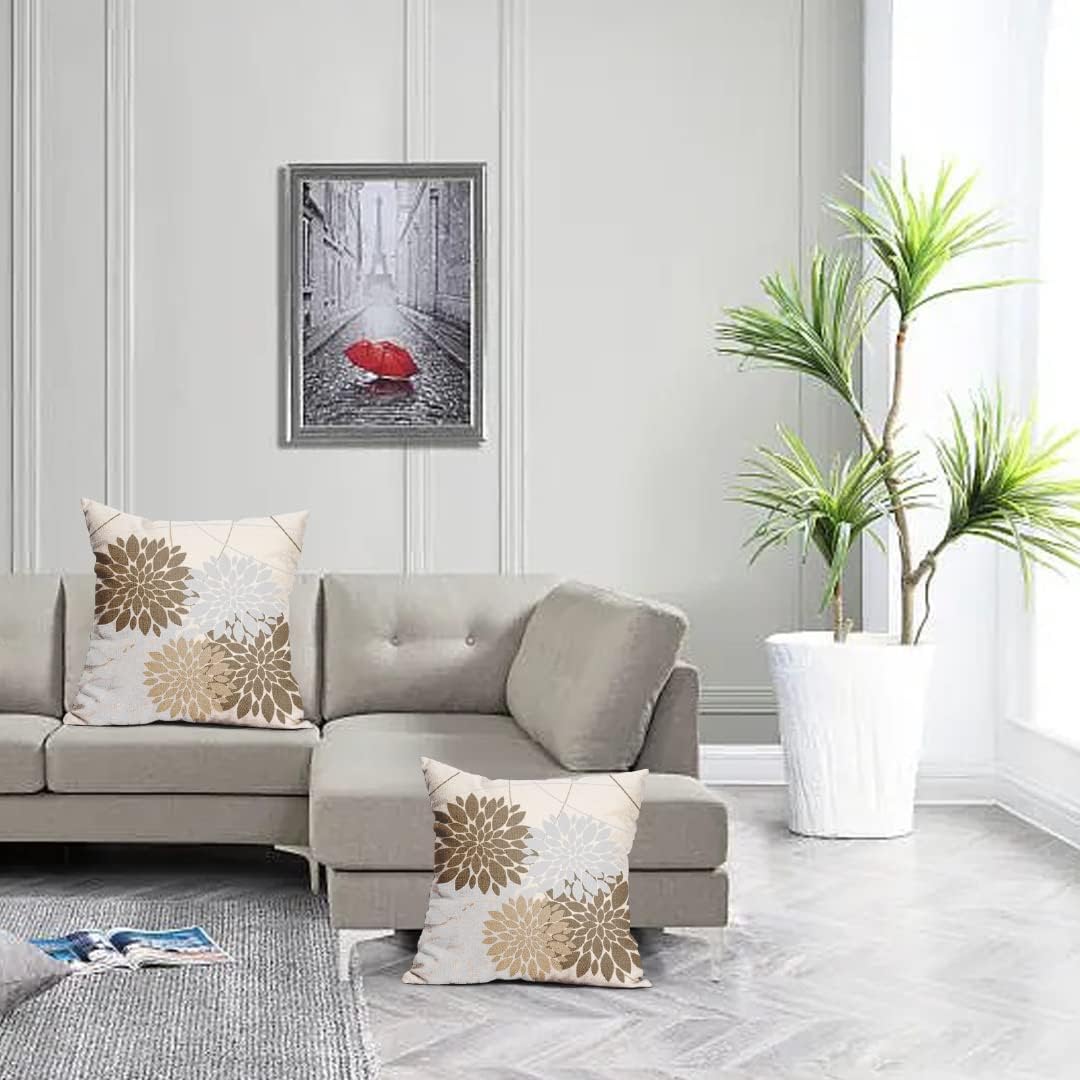 WOFOLE Juego de 2 fundas de almohada de 16 x 16 pulgadas con estampado de flores de dalia gris, decoración al aire libre, fundas de cojín de lino