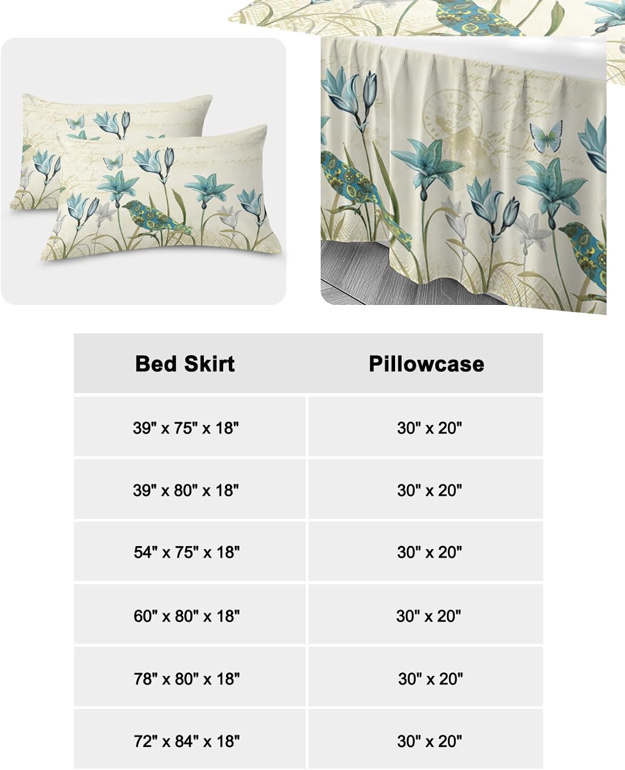 Faldas de cama plisadas envolventes florales de primavera para cama individual de 39 x 75 pulgadas, tulipán verde azulado, flor de verano, vintage,