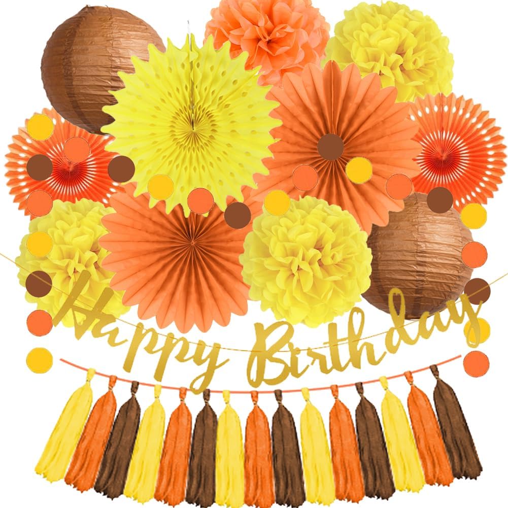 Decoraciones de fiesta de cumpleaños de otoño, abanicos de papel naranja y amarillo, pompones de papel, faroles de papel marrón, borla de papel,