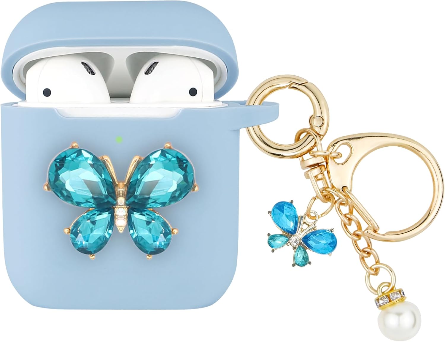 Wonhibo Funda de silicona para Airpod 1 y 2 de Apple, diseño de mariposas, color azul con llavero