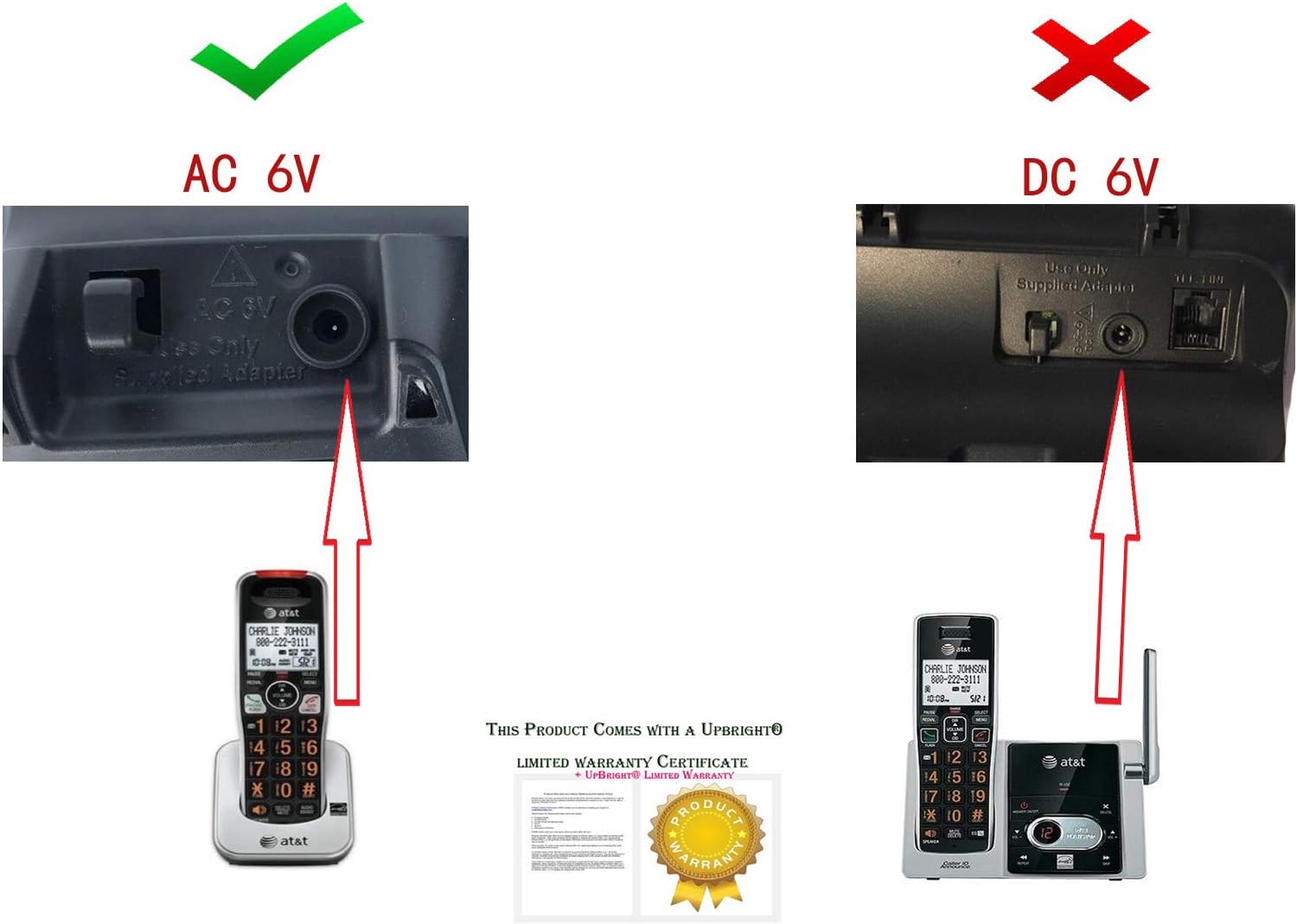 UpBright Adaptador de CACA de 6 VCA para teléfono extra compatible con AT&T VTech CS6229 CS6229-1 CS6229-2 CS6429 CS6429-3 CS6429-4 CS6409 DECT 6.0
