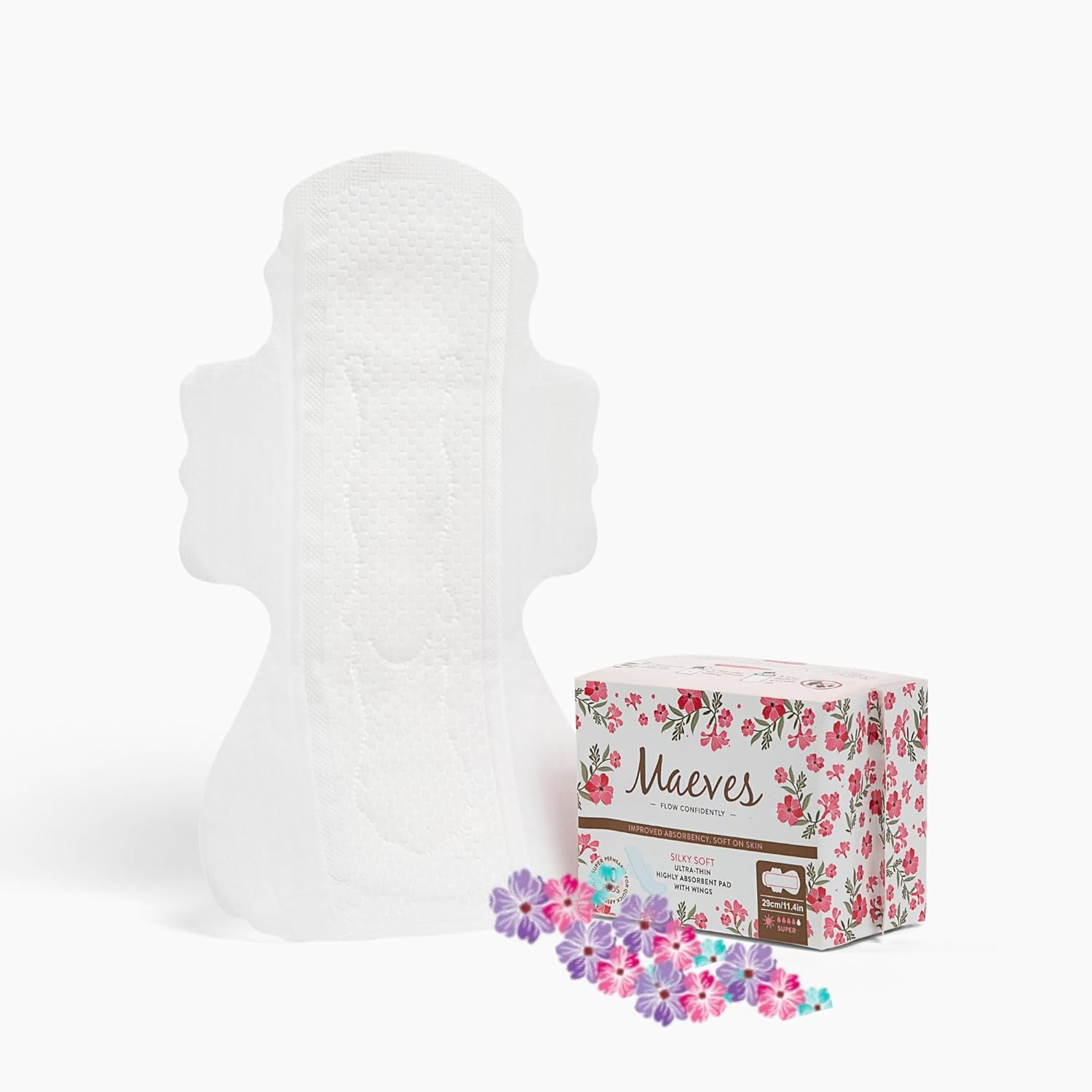 Maeves Almohadillas ultra delgadas, sin perfume, para el cuidado femenino, gran absorción, largas, grandes, súper almohadillas para período,